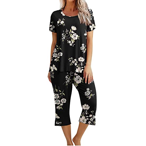 EMATOP Damen Schlafanzug Baumwolle Lässiges Nachtwäsche Sommer Kurz Pyjama Set Kurzarm Shirt mit 3/4 Lange Capri Hose Hausanzug Schön Blumen Druck Sleepshirt und Sommerhose Vintage Freizeitanzug EMATOP Damen Schlafanzug Baumwolle Lässiges Nachtwäsche Sommer Kurz Pyjama Set Kurzarm Shirt mit 3/4 Lange Capri Hose Hausanzug Schön Blumen Druck Sleepshirt und Sommerhose Vintage Freizeitanzug von EMATOP