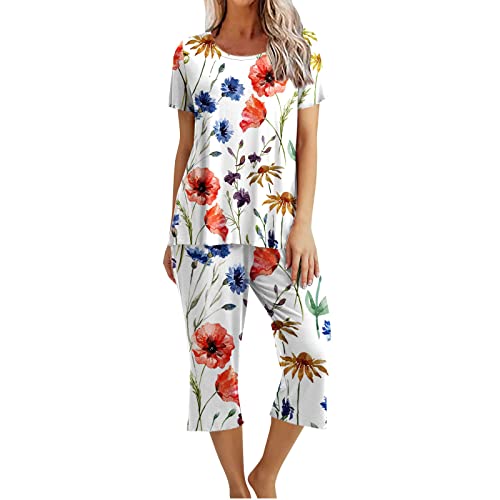 EMATOP Damen Schlafanzug Baumwolle Lässiges Nachtwäsche Sommer Kurz Pyjama Set Kurzarm Shirt mit 3/4 Lange Capri Hose Hausanzug Schön Blumen Druck Sleepshirt und Sommerhose Vintage Freizeitanzug EMATOP Damen Schlafanzug Baumwolle Lässiges Nachtwäsche Sommer Kurz Pyjama Set Kurzarm Shirt mit 3/4 Lange Capri Hose Hausanzug Schön Blumen Druck Sleepshirt und Sommerhose Vintage Freizeitanzug von EMATOP