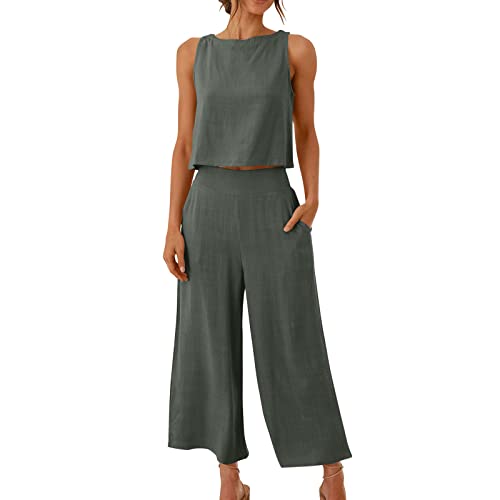 EMATOP Damen Sommer Freizeitanzug Casual Zweiteiler Yoga Outfit Baumwolle Leinen Jogginganzug Locker Elegant Hosenanzug mit Taschen Fitnessanzug Lässig Einfarbig Tank Top und Hose Activewear von EMATOP