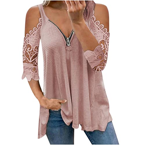 EMATOP Damen T-Shirt Sommer Spitze Kurzarm Tops Sexy V-Ausschnitt Oberteil Elegant Schulterfrei Bluse Tunika Shirt mit Reißverschluss Blusenshirt Lässiges Einfarbig Sommershirt für Frauen von EMATOP