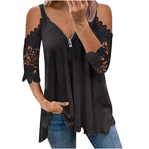 EMATOP Damen T-Shirt Sommer Spitze Kurzarm Tops Sexy V-Ausschnitt Oberteil Elegant Schulterfrei Bluse Tunika Shirt mit Reißverschluss Blusenshirt Lässiges Einfarbig Sommershirt für Frauen von EMATOP