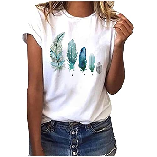 EMATOP Damen Tshirt Sommer Tops Weiss Elegant Tunika Bluse Shirt Lockere Bequeme Sportshirt Rundhals Basic Kurzarm Shirt Baumwolle Oberteile Feder Muster Longshirt Teenager Mädchen Sommershirts von EMATOP