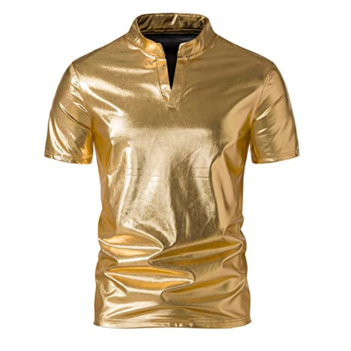 EMATOP Generic Herren Leder T-Shirt Kunstleder Muskelshirt Top Lässig V-Ausschnitt Unterhemden Wetlook Lack-Optik Kurzarm Shirt Mode Stehkragen Oberteile Regular Fit Poloshirt Sportshirt von EMATOP