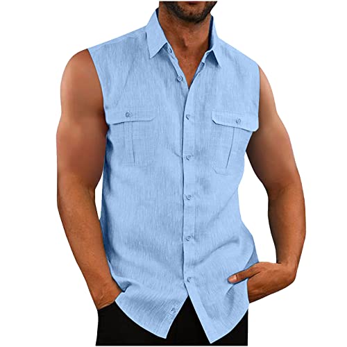 EMATOP Hemd Herren Ärmellos Sommer Tank Top Stringer Fitness Muskelshirt Baumwolle Leinen T-Shirt Casual Einfarbig Tankshirt Leicht Atmungsaktiv Hemdbluse Weste Shirts für Männer Funktionsshirt von EMATOP