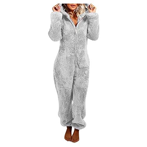 EMATOP Jumpsuit Damen Onesie Kuschelig Teddy Fleece Schlafanzug Winter Warm Lang Overall Flauschig Einteiler Schlafoverall mit Kapuze Einfarbig Hausanzug Weich Ganzkörperanzug Karnevals Kostüm von EMATOP