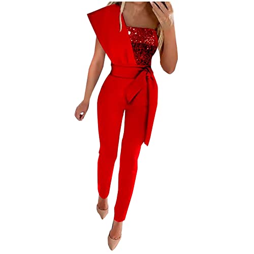 EMATOP Jumpsuits für Damen Elegant Einteiler Overall Lang Einfarbig Hosenanzug mit Glitzer Playsuit Hohe Taille Vintage Latzhose mit Gürtel Arbeitshose Slim Fit Strampler Frauen Spielanzug von EMATOP