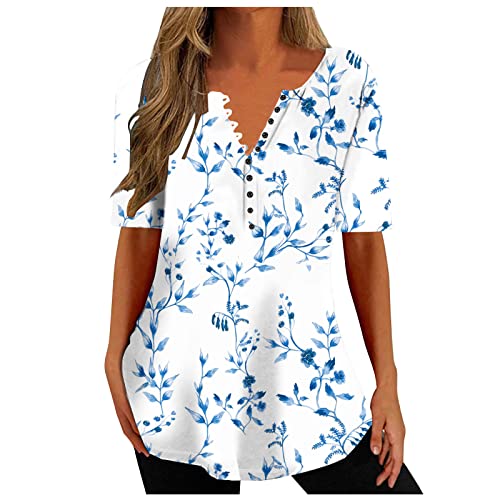 EMATOP Longshirt Damen Lässig Kurzarm Shirt Sommer Elegant Tunika Tops Baumwolle Vintage Tshirt Blumen Muster Longbluse V-Ausschnitt Knopfleiste Bluse Sommershirts Weich Bequem Sportshirt von EMATOP