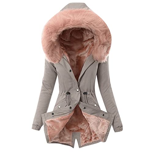 EMATOP Mantel Frauen Warme Wintermantel Winter Jacke Lange Mäntel Einfarbig Winterjacke mit Kapuze Windbreaker Gefüttert Teddyfell Dicker Fleecejacke Mode Outdoorjacke Slim fit Winterparka von EMATOP