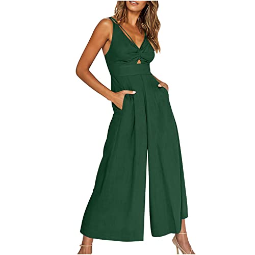 EMATOP Oversize Jumpsuit Damen Ärmellose Sexy Latzhose Elegant Lang Einteiler Overall mit Taschen Playsuit Lässiger Einfarbig Arbeitshose V-Ausschnitt Hohe Taille Freizeithose Weites Bein Hosen von EMATOP