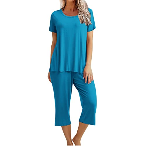 EMATOP Schlafanzug Damen Sommer Baumwolle Zweiteiliger Pyjama Set Casual Rundhals Kurzarm Tshirt und 7/8 Hosen Nachtwäsche Lose Einfarbig Hausanzug Weich Bequem Loungewear Sleepwear für Frauen von EMATOP