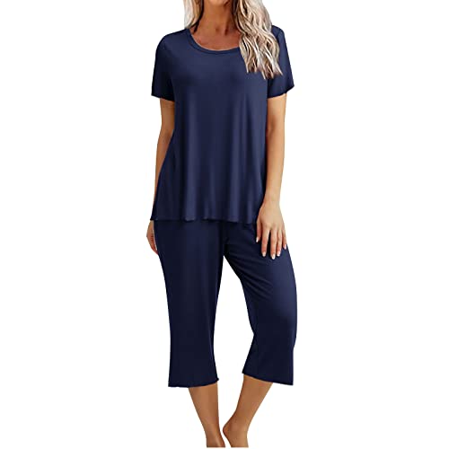 EMATOP Schlafanzug Damen Sommer Baumwolle Zweiteiliger Pyjama Set Casual Rundhals Kurzarm Tshirt und 7/8 Hosen Nachtwäsche Lose Einfarbig Hausanzug Weich Bequem Loungewear Sleepwear für Frauen von EMATOP