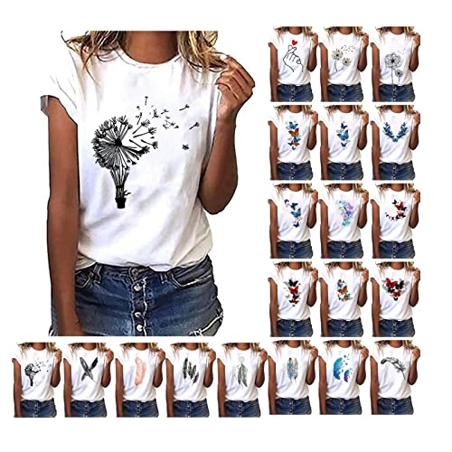 EMATOP Sommer Tshirt Damen Baumwolle Tops Lässig Lose Kurzarm Tee Shirts Basic Rundhals Oberteile Löwenzahn Schmetterling Muster Tunika Bluse Shirt Elegant Longshirt Teenager Mädchen Sportshirt EMATOP Sommer Tshirt Damen Baumwolle Tops Lässig Lose Kurzarm Tee Shirts Basic Rundhals Oberteile Löwenzahn Schmetterling Muster Tunika Bluse Shirt Elegant Longshirt Teenager Mädchen Sportshirt von EMATOP