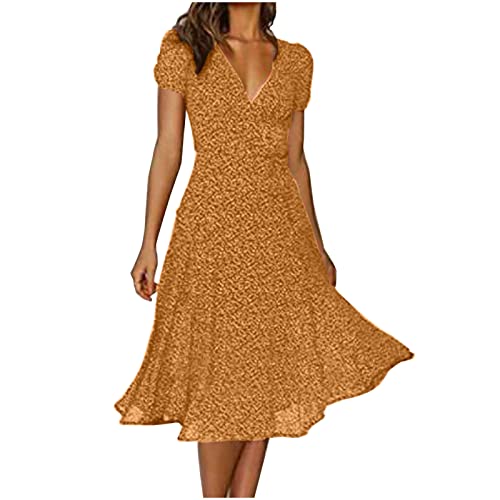 EMATOP Sommerkleid Damen Lang V-Ausschnitt Strandkleid Lässig Chiffon Kleider Lose Kurzarm Freizeitkleid Elegant A-Linie Midikleid Knielang Partykleid Polka Dot Maxikleid Hohe Taille Boho Kleid von EMATOP