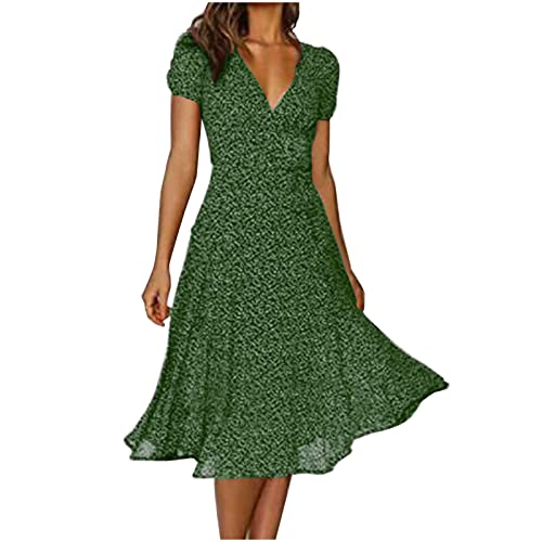 EMATOP Sommerkleid Damen V-Ausschnitt Lang Strandkleid Lässig Chiffon Kleider Lose Kurzarm Freizeitkleid Elegant A-Linie Midikleid Knielang Partykleid Polka Dot Maxikleid Hohe Taille Boho Kleid von EMATOP