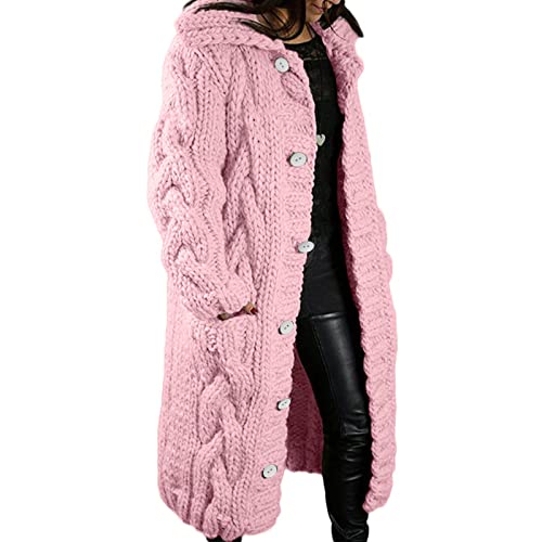 EMATOP Strickjacke Damen Lang Grobstrick Cardigan Warm Winterjacke Einfarbige Übergangsjacke mit Kapuze Strickmantel Herbst Winter Strick Pullover Elegant Wintermäntel Pulli Sweater Mantel von EMATOP