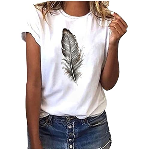 EMATOP T-Shirt Damen Sommer Casual Oberteil Tops Rundhals Basic Kurzarm Tee Shirts Elegant Kurzen Ärmel Sommershirt Mode Feder Motiv Bluse Tunika Shirt Baumwolle Locker Sportshirt Laufshirt EMATOP T-Shirt Damen Sommer Casual Oberteil Tops Rundhals Basic Kurzarm Tee Shirts Elegant Kurzen Ärmel Sommershirt Mode Feder Motiv Bluse Tunika Shirt Baumwolle Locker Sportshirt Laufshirt von EMATOP