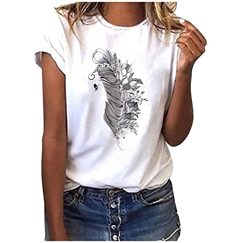 EMATOP T-Shirt Damen Sommer Casual Oberteil Tops Rundhals Basic Kurzarm Tee Shirts Elegant Kurzen Ärmel Sommershirt Mode Feder Motiv Bluse Tunika Shirt Baumwolle Locker Sportshirt Laufshirt EMATOP T-Shirt Damen Sommer Casual Oberteil Tops Rundhals Basic Kurzarm Tee Shirts Elegant Kurzen Ärmel Sommershirt Mode Feder Motiv Bluse Tunika Shirt Baumwolle Locker Sportshirt Laufshirt von EMATOP