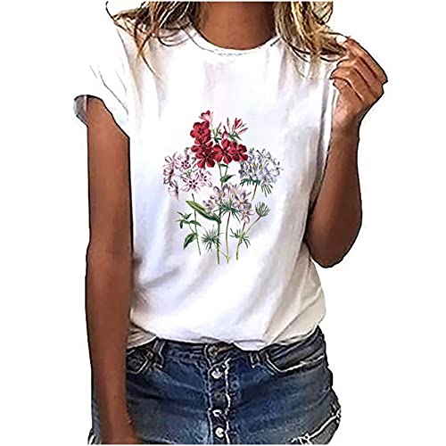 EMATOP T Shirt Damen Sommer Oberteil Tops Lässig Basic Kurzarm Sommershirt Rundhals Lose Tunika Longshirt Elegant Baumwolle Bluse Tshirt Blumen Druck Sportshirt Teenager Mädchen Sweatshirt von EMATOP