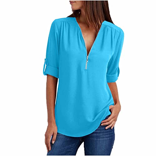 EMATOP Tops Frauen Sommer Tunika Tshirt Locker V-Ausschnitt Oberteile Casual Chiffon Bluse Longshirt Einfarbig Elegant Sommershirt mit Reißverschluss Kurzarm Tee Shirt Teenager Mädchen Top EMATOP Tops Frauen Sommer Tunika Tshirt Locker V-Ausschnitt Oberteile Casual Chiffon Bluse Longshirt Einfarbig Elegant Sommershirt mit Reißverschluss Kurzarm Tee Shirt Teenager Mädchen Top von EMATOP