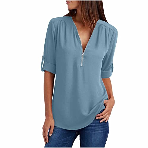 EMATOP Tops Frauen Sommer Tunika Tshirt Locker V-Ausschnitt Oberteile Casual Chiffon Bluse Longshirt Einfarbig Elegant Sommershirt mit Reißverschluss Kurzarm Tee Shirt Teenager Mädchen Top EMATOP Tops Frauen Sommer Tunika Tshirt Locker V-Ausschnitt Oberteile Casual Chiffon Bluse Longshirt Einfarbig Elegant Sommershirt mit Reißverschluss Kurzarm Tee Shirt Teenager Mädchen Top von EMATOP