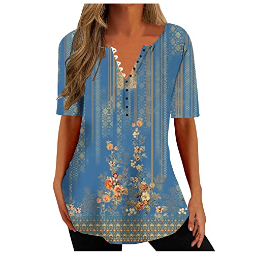 EMATOP Tunika Damen Sommer Casual Oberteile Vintage Baumwolle T-Shirt Sexy V-Ausschnitt Sommershirts Locker Elegant Kurzarm Tee Tops Blumen Druck Bluse Longshirt mit Knöpfe Pullover Streetwear von EMATOP