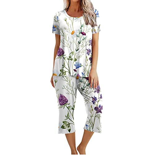 EMATOP Zweiteiliger Nachtwäsche Damen Sommer Schlafanzug Kurz Baumwolle Pyjama Set Vintage Blumen Druck Hausanzug Casual Lose Kurzarm Top mit 3/4 Lang Schlafhose Yoga Outfit Bequem Sleepwear EMATOP Zweiteiliger Nachtwäsche Damen Sommer Schlafanzug Kurz Baumwolle Pyjama Set Vintage Blumen Druck Hausanzug Casual Lose Kurzarm Top mit 3/4 Lang Schlafhose Yoga Outfit Bequem Sleepwear von EMATOP