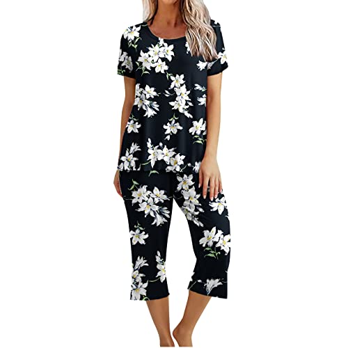 EMATOP Zweiteiliger Nachtwäsche Damen Sommer Schlafanzug Kurz Baumwolle Pyjama Set Vintage Blumen Druck Hausanzug Casual Lose Kurzarm Top mit 3/4 Lang Schlafhose Yoga Outfit Bequem Sleepwear EMATOP Zweiteiliger Nachtwäsche Damen Sommer Schlafanzug Kurz Baumwolle Pyjama Set Vintage Blumen Druck Hausanzug Casual Lose Kurzarm Top mit 3/4 Lang Schlafhose Yoga Outfit Bequem Sleepwear von EMATOP