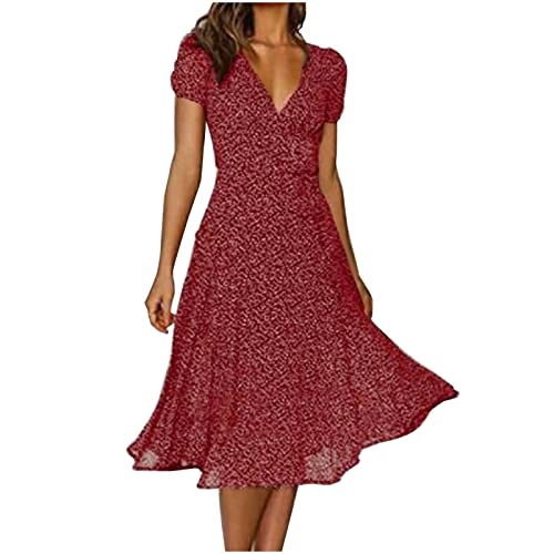 EMATOP Sommerkleid Damen Lang Chiffon Kleider Knielang Midikleid A-Linie Kleid Blumen Boho Strandkleid Lässiges Kurzarm Blusenkleid V-Ausschnitt Elegant Partykleid Polka Dot Druck Freizeitkleid von EMATOP