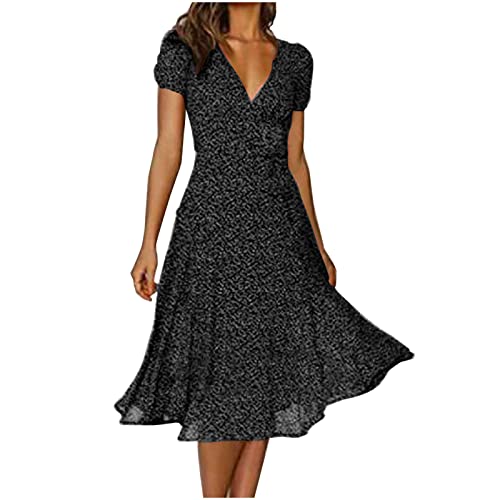 EMATOP Sommerkleid Damen Lang V-Ausschnitt Strandkleid Lässig Chiffon Kleider Lose Kurzarm Freizeitkleid Elegant A-Linie Midikleid Knielang Partykleid Polka Dot Maxikleid Hohe Taille Boho Kleid von EMATOP