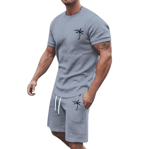 EMAlusher 2 Teiliges Outfit Herren Sommer Baumwolle Und Leinen Kurzarm T Shirts Und Kurze Hose Zweiteilig Sport Set Teenager-Anzug Sommer Outfit Festival Outfit Freizeitanzug Sportkleidung von EMAlusher