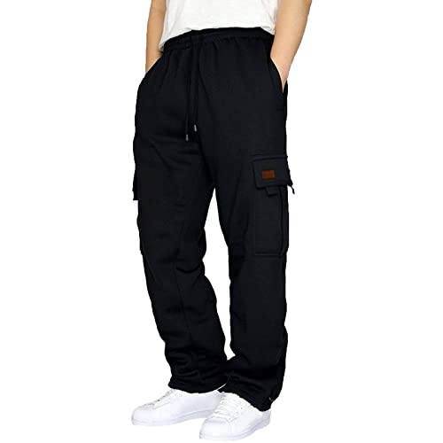 EMAlusher Leinenhose Herren Schwarz Lang, Sommerhosen Damen Leicht 7/8, Atmungsaktiv Freizeit Hosen Bequeme Sporthose Trendy Streetwear Outdoor Stoffhose Haremshose Mit Taschen Cargohose von EMAlusher