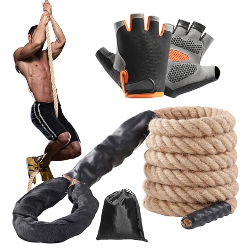 EMEKIAN Kletterseil aus natürlicher Jute, 3,8 m Durchmesser, 3,8 cm Durchmesser, Heimtraining, Übungsseil mit geknoteter Schlaufe und Schrumpfabdeckung, Indoor-Outdoor-Fitness- und Krafttrainingsseil von EMEKIAN