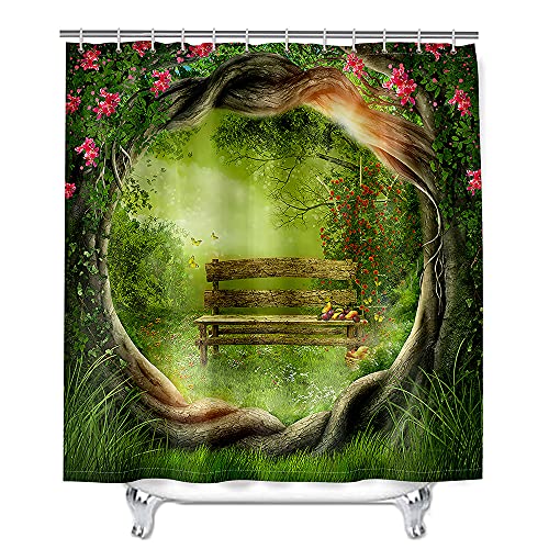 Enhome Duschvorhang mit 12 C-Form Haken und Grüner Wald Zauberwald 3D Drucken Design Wasserdichter Anti-Schimmel Polyester Duschvorhang Badezimmer Bad Vorhang (Baumrebe,90x180cm) von ENEN