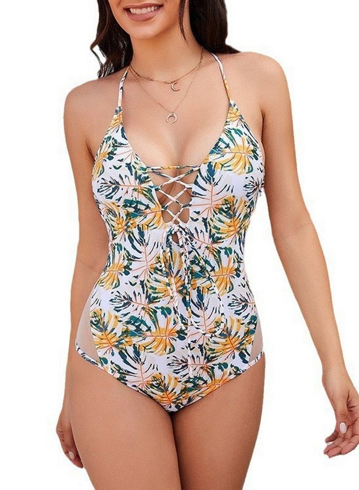 ENIX Monokini Einteiliger Damen-Badeanzug, String-Bikini mit Ausschnitt vorne Sommerlicher sexy einteiliger Bikini mit seitlichem Mesh-Print von ENIX