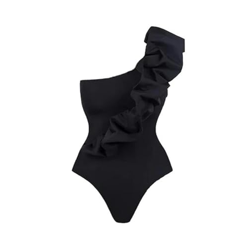 ENXCLWTW Badeanzug Damen Badeanzug Puffärmel One-Shoulder Einteiliger Retro-gedrucktes Badeanzug Frauen Bedrucktes Wrap-rockanzug- Schwarz-m von ENXCLWTW