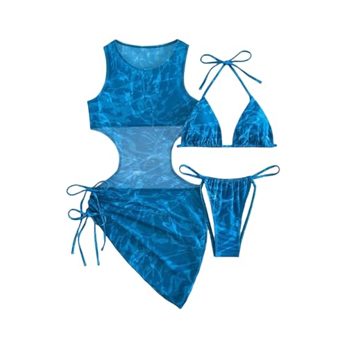 ENXCLWTW Badeanzug Damen Damen Badeanzug Halfter Dreieck Bikini High Taille Mesh Beach Badebadeanzug Cover Up Kleid-blau-l von ENXCLWTW