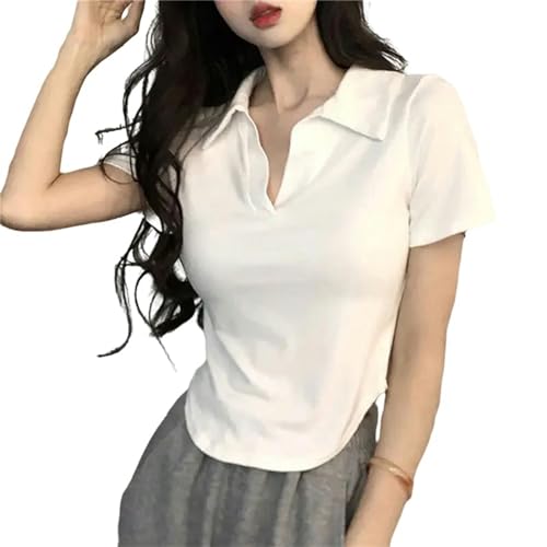 ENXCLWTW T Shirt V-Ausschnitt Kurzarm T-Shirt Frauen Sommer Unregelmäßiger Schlanker Fit Slimming Top-Weiß-L von ENXCLWTW