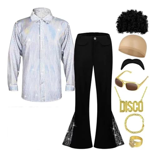 80er jahre outfit herren mottoparty, Herren 70er Retro KostüM 9 StüCk Disco Herren KostüM Set, Herren Hippie 70Er Jahre Outfit Glitzer Hemd Und Schlaghose Mit PerüCke Sonnenbrille Schnurrbart von EQWIGKEIT