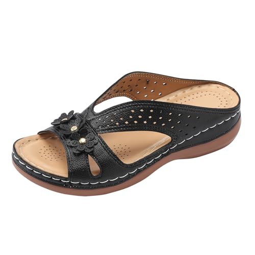 Damen Zehentrenner- Orthopädische Sandalen Damen, Modische Pantoletten mit Natur Kork-Fussbett - Frauen Schuhe mit Fussbett Sandaletten Bequem Römer Boho Flip Flops Flache Schuhe Slingback Sandalen von EQWIGKEIT