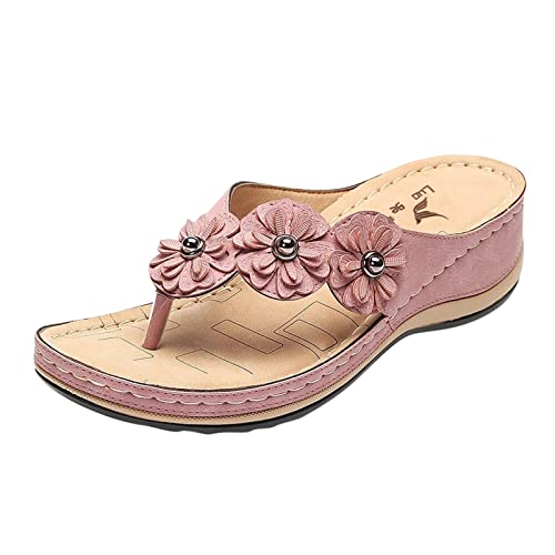 Damen Zehentrenner- Orthopädische Sandalen Damen, Modische Pantoletten mit Natur Kork-Fussbett - Frauen Schuhe mit Fussbett Sandaletten Bequem Römer Boho Flip Flops Flache Schuhe Slingback Sandalen von EQWIGKEIT