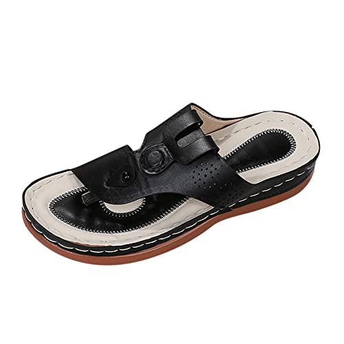 Damen Zehentrenner- Orthopädische Sandalen Damen, Modische Pantoletten mit Natur Kork-Fussbett - Frauen Schuhe mit Fussbett Sandaletten Bequem Römer Boho Flip Flops Flache Schuhe Slingback Sandalen von EQWIGKEIT