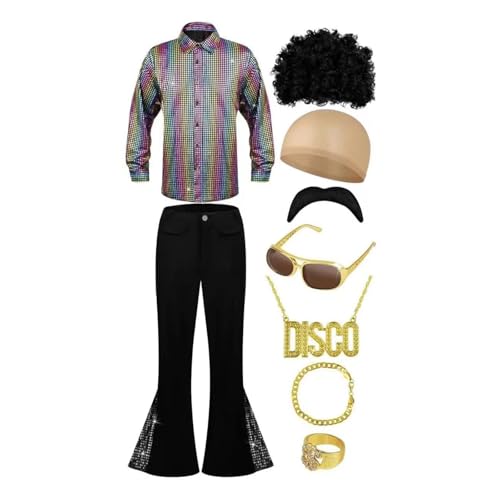 EQWIGKEIT 70er Jahre Outfit Herren, 9-Teiliges Herren Outfit Im Party Outfit 70er Jahre, Hippie Disco Outfit Herren, Inklusive Retro-Shirt Mit Glockenunterseite Karneval KostüM von EQWIGKEIT