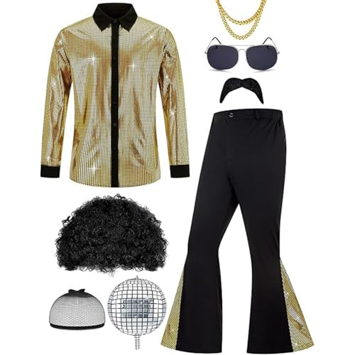 EQWIGKEIT Karneval kostüm Herren, Herren 70er Retro KostüM 9 StüCk Disco Herren KostüM Set, Herren Hippie 70Er Jahre Outfit Glitzer Hemd Und Schlaghose Mit PerüCke Sonnenbrille Schnurrbart von EQWIGKEIT