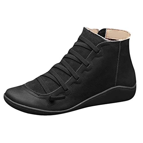 EQWIGKEIT Outlet Angebote, Winter Stiefeletten Damen Rund Toe Flache Knöchelschuhe Westernstiefel Damen Leder Schuhe Schnürstiefeletten Reißverschluss Damenstiefel Bequeme Weiche Winterstiefel von EQWIGKEIT