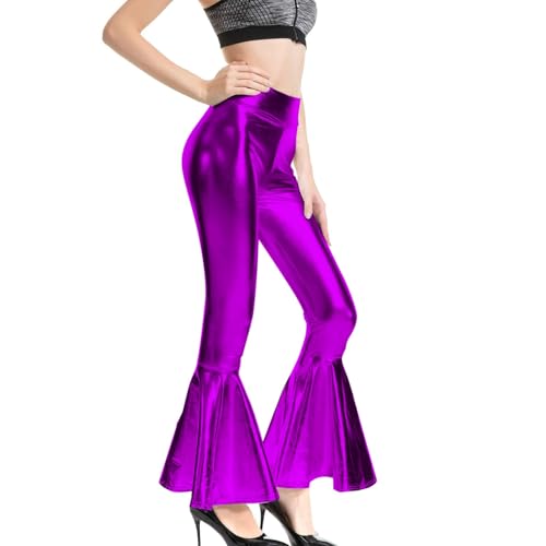 EQWIGKEIT Pailletten Hose Damen Elastische Glitzer Metallic Glänzend Tanzhose Festlich Hip Hop Hosen Lackhose Shiny Stretchy Schlaghosen 70er Vintage Pailettenhose Lang Festival Outfit von EQWIGKEIT