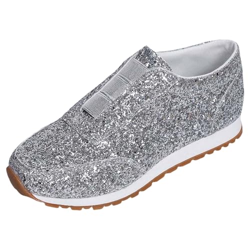 EQWIGKEIT Plateau Schuhe Damen Silber Glitzer, Glitzer Schuhe Damen Flach Pailettenschuhe Leichte Outdoor Sneaker Atmungsaktiv Turnschuhe Pailletten Sportschuhe Bequeme Gym Tanzsneakers Laufschuhe von EQWIGKEIT