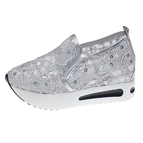 EQWIGKEIT Plateau Schuhe Damen Silber Glitzer, Glitzer Schuhe Damen Plateau Walkingschuhe Klassisch Sportschuhe Leichte Pailletten Outdoor Sneaker Freizeit Schuhe Glänzende Laufschuhe von EQWIGKEIT