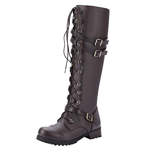 EQWIGKEIT Western Stiefeletten Damen Flache Bequemer Westernstiefel Winterstiefel Winter Elegant Damenstiefel Schlupfschuhe Stiefel Vintage Lang Cowboystiefel Klassische Schnürstiefeletten von EQWIGKEIT