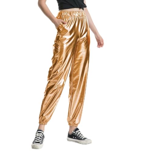 festival outfit damen, Pailettenhose Damen Festlich Tanzhose Elastische Lackhose Pailletten Sporthose 70er Vintage Hip Hop Hosen Metallic Glänzend Glitzer Hose Lang Shiny Stretchy Festival Outfit von EQWIGKEIT