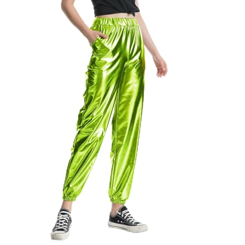 hip hop outfit damen hose, Pailettenhose Damen Festlich Tanzhose Elastische Lackhose Pailletten Sporthose 70er Vintage Hip Hop Hosen Metallic Glänzend Glitzer Hose Lang Shiny Stretchy Festival Outfit von EQWIGKEIT